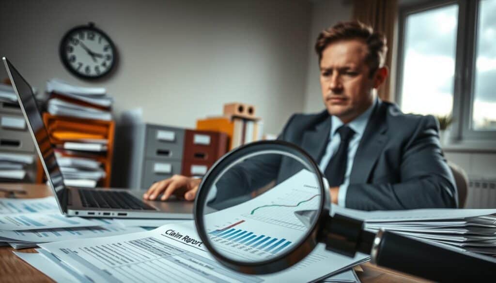 A professional insurance adjuster in business attire is sitting at a desk cluttered with paperwork, a laptop open in front of them showing charts and graphs related to insurance claims. In the foreground, a magnifying glass is focusing on a document labeled "Claim Report," emphasizing scrutiny in the claims process. The middle ground includes a file cabinet brimming with claim files and a clock on the wall showing the passage of time, reflecting urgency. The background shows a window with a cloudy sky, creating a somber, tense atmosphere. Soft, natural lighting filters in, casting gentle shadows. The mood is serious and contemplative, reflecting the complexities of claim resolutions and the often frustrating experience of seeking full compensation in insurance processes.