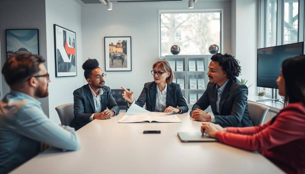 A professional insurance office interior during a consultation meeting. In the foreground, a diverse group of three individuals, dressed in business attire, sit around a sleek conference table. One person, a middle-aged woman with glasses, gestures towards a large document, suggesting a discussion on claims. The middle ground features a large window with bright natural light illuminating the room, softening the ambiance, while modern artwork and insurance-related visuals adorn the walls. In the background, shelves lined with insurance brochures and a digital screen displaying graphs add context. The image captures a collaborative and serious atmosphere, emphasizing professionalism and trust in the insurance process. Use a slightly elevated angle to provide a comprehensive view of the scene, enhancing the sense of engagement and focus. A professional insurance office interior during a consultation meeting. In the foreground, a diverse group of three individuals, dressed in business attire, sit around a sleek conference table. One person, a middle-aged woman with glasses, gestures towards a large document, suggesting a discussion on claims. The middle ground features a large window with bright natural light illuminating the room, softening the ambiance, while modern artwork and insurance-related visuals adorn the walls. In the background, shelves lined with insurance brochures and a digital screen displaying graphs add context. The image captures a collaborative and serious atmosphere, emphasizing professionalism and trust in the insurance process. Use a slightly elevated angle to provide a comprehensive view of the scene, enhancing the sense of engagement and focus.