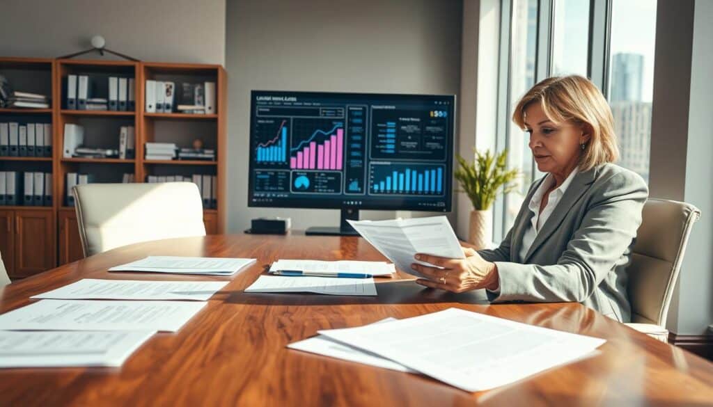 A professional insurance office interior, showcasing a large wooden desk with papers spread out, representing claim assessments. In the foreground, a well-dressed insurance adjuster, a middle-aged woman in a business suit, examines documents critically, her expression serious and contemplative. In the middle, there is a high-tech computer screen displaying graphs and statistics about insurance claims, symbolizing the analytical nature of the industry. The background features shelves filled with insurance policy books and a cityscape visible through large windows, hinting at the broader context of urban insurance needs. Natural light streams in, creating a bright yet serious atmosphere. Use a slightly elevated angle to convey the importance of the meeting and the weight of the decisions being made.