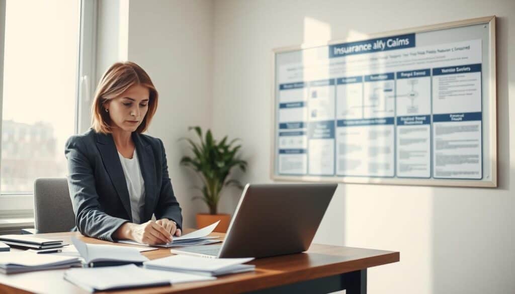 A professional insurance office setting with a focus on the procedural aspects of insurance claims management. In the foreground, a middle-aged businesswoman in smart business attire is diligently reviewing documents on a desk filled with paperwork and a laptop, showcasing an air of concentration. In the middle ground, a wall-mounted bulletin board displaying flowcharts and policy guidelines highlights the procedural steps required by insurers. The background features a large window letting in natural light, casting gentle shadows that create a calm, organized atmosphere. Utilize soft, diffused lighting to enhance the focus on the subject and create an inviting workplace environment, emphasizing the theme of responsibility in claim processing. The angle should be slightly tilted to give depth, capturing both the desktop and the informative background elements.