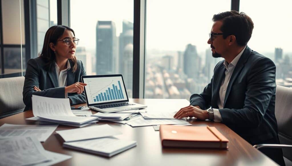 A professional negotiation scene featuring two individuals in business attire sitting at a modern conference table, engaged in a thoughtful discussion. The foreground includes papers and documents scattered on the table, with one person gesturing towards a laptop showing analytical graphs. The middle ground highlights their focused expressions, conveying determination and cooperation. In the background, a large window reveals a cityscape, suggesting a high-stakes business environment with soft natural lighting streaming in. The mood is serious yet hopeful, capturing the essence of mediation and negotiation as a means to find resolution and agreement. The angle should evoke a sense of intimacy and collaboration, emphasizing the human element in professional negotiations.