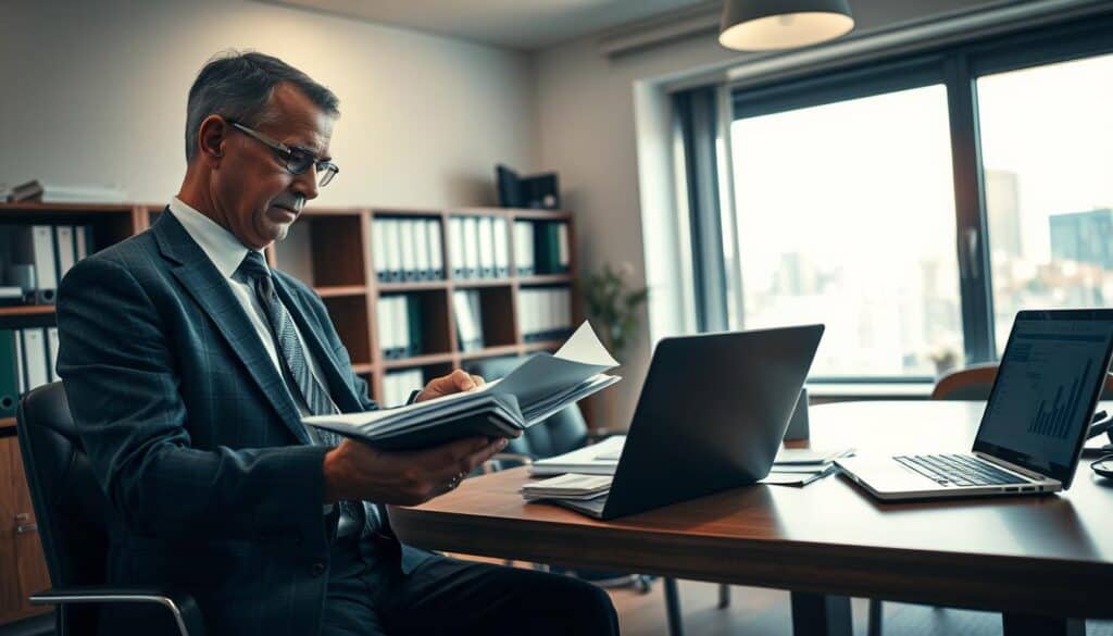 A professional office environment depicting an "ekspertyza likwidacyjna" scene, with a focus on a well-dressed insurance adjuster analyzing documents related to a damage claim. In the foreground, the adjuster, a middle-aged man in a tailored suit, studies a thick file and uses a calculator, showcasing deep concentration. The middle ground features a polished wooden desk scattered with papers, a laptop displaying graphs, and an open window allowing soft natural light to illuminate the space. The background includes shelves filled with neatly arranged binders and a cityscape visible through the window, hinting at fast-paced urban life. The atmosphere is serious and focused, capturing the meticulous nature of assessing damage claims and the common pitfalls insurance companies face. The lighting is warm and inviting yet professional, suggesting a trustworthy and diligent approach to the work.