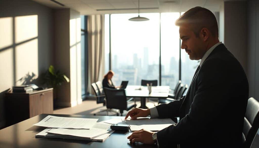 A professional office environment depicting the process of damage claim settlement. In the foreground, a focused individual wearing business attire is reviewing documents on a desk, illuminated by soft overhead lighting. In the middle ground, a meeting table is set up with paperwork and a laptop, suggesting collaboration. In the background, a large window reveals a cityscape, with natural light filtering through, creating a bright and optimistic atmosphere. Shadows play softly on the walls, adding depth without being overwhelming. The overall mood is serious yet hopeful, conveying the importance of the claims process while remaining professional and organized.