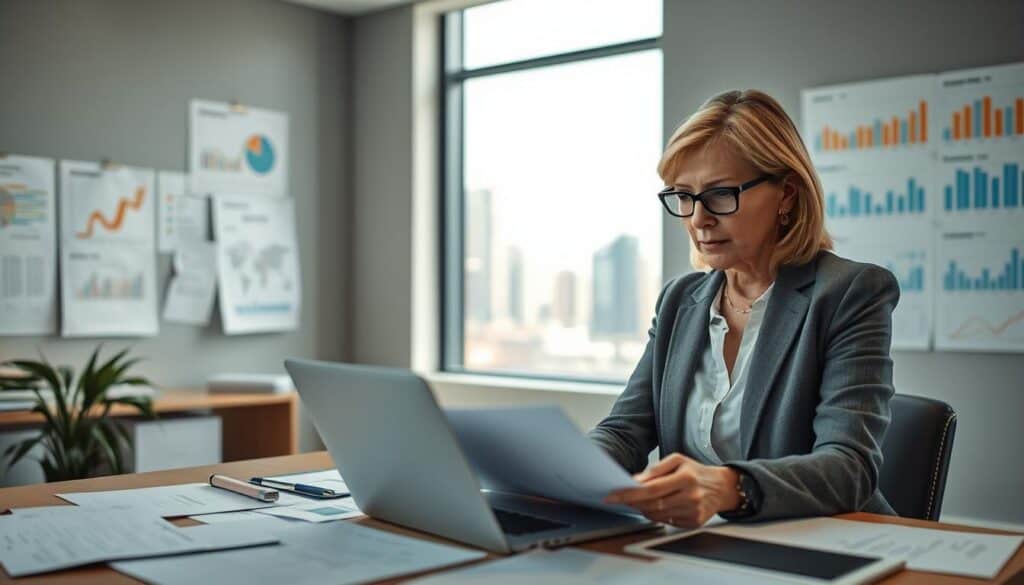 A professional office environment depicting the process of damage liquidation in the insurance industry. In the foreground, a well-dressed insurance adjuster, a middle-aged woman with glasses and a focused expression, examines paperwork on a desk filled with various documents and a laptop. In the middle, a large window reveals a cityscape, allowing natural light to flood the room, creating a bright, optimistic atmosphere. On the desk, a model car is present, symbolizing auto insurance claims. The background consists of charts and graphs on a wall, representing statistical analysis and insurance mechanisms. The mood is one of diligence and expertise, captured in a realistic, modern style, with a slight depth of field to emphasize the adjuster and the paperwork.