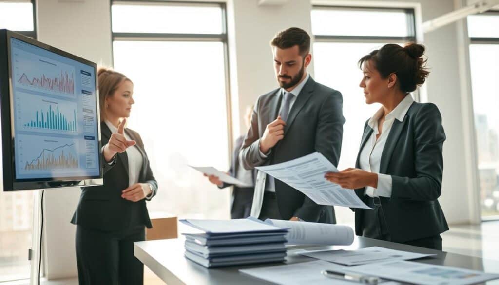 A professional office environment depicting the step-by-step process of damage claim liquidation. In the foreground, a diverse team of three professionals in business attire: a focused woman pointing at a computer screen with graphs, a thoughtful man taking notes, and a woman explaining details with paperwork spread out on a table. In the middle, detailed visuals of paperwork, assessment reports, and a digital interface showing claim approvals. The background features a modern office setting with large windows allowing soft, natural sunlight to illuminate the scene, creating a calm and professional atmosphere. The composition highlights collaboration and diligence, with a clear focus on the procedural aspect of damage liquidation. The image should be sharp and well-defined, using a slightly elevated angle to capture the dynamic workspace. A professional office environment depicting the step-by-step process of damage claim liquidation. In the foreground, a diverse team of three professionals in business attire: a focused woman pointing at a computer screen with graphs, a thoughtful man taking notes, and a woman explaining details with paperwork spread out on a table. In the middle, detailed visuals of paperwork, assessment reports, and a digital interface showing claim approvals. The background features a modern office setting with large windows allowing soft, natural sunlight to illuminate the scene, creating a calm and professional atmosphere. The composition highlights collaboration and diligence, with a clear focus on the procedural aspect of damage liquidation. The image should be sharp and well-defined, using a slightly elevated angle to capture the dynamic workspace.