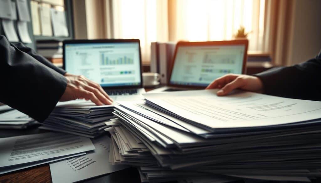 A professional office environment focused on document processing, with a close-up view of a cluttered desk featuring stacks of paperwork related to "dokumentacja w likwidacji szkód." In the foreground, a pair of hands in business attire are sorting through the documents, highlighting the importance of organization in claims processing. The middle ground shows a laptop with an open claims management software interface, alongside folders labeled with various insurance terms. In the background, soft lighting casts a warm glow over the workspace, creating a serious yet focused atmosphere. The camera angle is slightly tilted for a dynamic perspective, emphasizing the weight of the task. The overall mood is professional and diligent, reflecting the complexities of insurance documentation. A professional office environment focused on document processing, with a close-up view of a cluttered desk featuring stacks of paperwork related to "dokumentacja w likwidacji szkód." In the foreground, a pair of hands in business attire are sorting through the documents, highlighting the importance of organization in claims processing. The middle ground shows a laptop with an open claims management software interface, alongside folders labeled with various insurance terms. In the background, soft lighting casts a warm glow over the workspace, creating a serious yet focused atmosphere. The camera angle is slightly tilted for a dynamic perspective, emphasizing the weight of the task. The overall mood is professional and diligent, reflecting the complexities of insurance documentation.