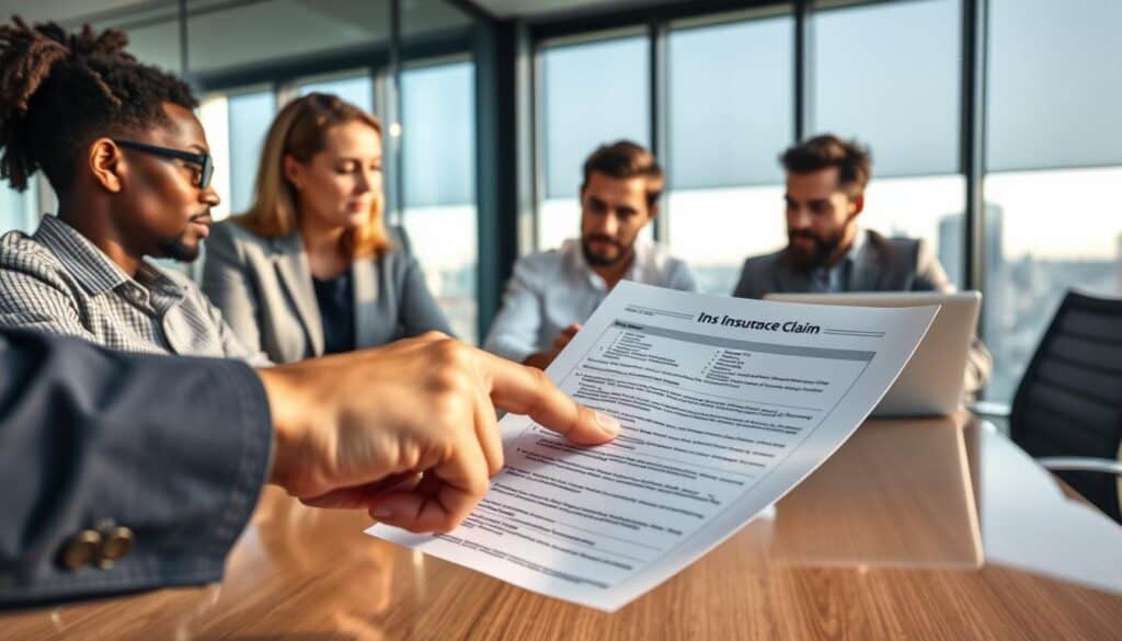 A professional office environment with a group of diverse insurance agents discussing policy documents around a sleek conference table, focused expressions on their faces. In the foreground, a close-up of a hand pointing at an insurance claim form, highlighting details of market practices. The middle ground features two agents of different ethnicities, one reviewing a laptop displaying analytics while the other takes notes. The background includes large windows with natural light pouring in, casting soft shadows, and a city skyline visible outside, suggesting a modern urban setting. The mood is serious and informative, conveying a sense of trust and professionalism, perfect for the subject of insurance practices in Germany.