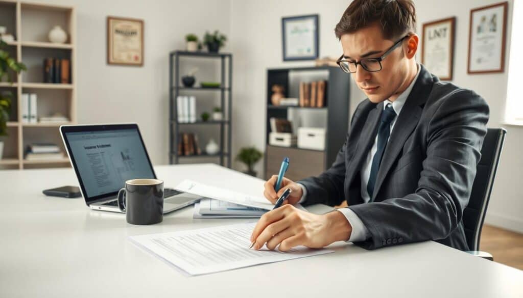 A professional office scene featuring a person in business attire, seated at a modern desk, meticulously filling out a claims form for insurance compensation. The foreground captures the individual's focused expression, with papers and a pen in hand. In the middle, there is a laptop displaying supportive documents and a coffee mug, suggesting a detailed approach to the claims process. The background features a neatly organized office with a bookshelf and a certificate of achievement hanging on the wall. Soft, natural lighting filters through a window, creating a calm and serious atmosphere. The angle is slightly elevated, providing a clear view of the desk and the meticulous work being done.