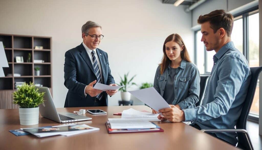 A professional office setting depicting a consultation between an insurance agent and a policyholder. In the foreground, the agent, a middle-aged individual in smart business attire, appears attentive, gesturing towards a document on the table. The policyholder, a young adult in modest casual clothing, looks engaged and concerned while reviewing the paperwork. The middle ground features a modern desk with a laptop, insurance brochures, and a potted plant to add warmth to the scene. In the background, a large window brings in soft natural light, creating a calm atmosphere that suggests trust and professionalism. The overall mood is focused and serene, emphasizing the importance of understanding rights during the claims process. A professional office setting depicting a consultation between an insurance agent and a policyholder. In the foreground, the agent, a middle-aged individual in smart business attire, appears attentive, gesturing towards a document on the table. The policyholder, a young adult in modest casual clothing, looks engaged and concerned while reviewing the paperwork. The middle ground features a modern desk with a laptop, insurance brochures, and a potted plant to add warmth to the scene. In the background, a large window brings in soft natural light, creating a calm atmosphere that suggests trust and professionalism. The overall mood is focused and serene, emphasizing the importance of understanding rights during the claims process.
