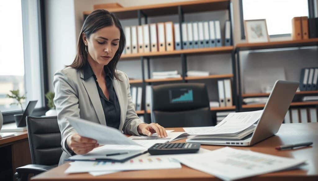 A professional office setting depicting the "liquidation of damages" process. In the foreground, a businesswoman in professional attire analyzes documents, with a serious expression as she reviews claim files. In the middle, a large wooden desk cluttered with paperwork, a calculator, and a laptop displaying graphs and statistics about insurance claims. In the background, shelves lined with folders and certificates, suggesting a busy claims office environment. Soft, diffused lighting from a window creates a bright yet focused atmosphere. The composition should convey a sense of urgency and professionalism, with a balanced angle that highlights both the subject and the workspace around her, bringing depth and context to the scene.