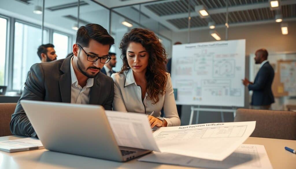 A professional office setting featuring a diverse group of individuals engaged in a collaborative meeting, analyzing documents related to insurance claims and compensation verification. In the foreground, a male and female figure, both dressed in business attire, are closely examining a large spreadsheet on a laptop, their expressions focused and determined. In the middle ground, a large whiteboard with flowcharts and notes outlines the steps in the claims verification process. The background shows a modern conference room with glass walls, allowing soft natural light to filter in, creating a bright and productive atmosphere. The mood is serious yet optimistic, highlighting teamwork and problem-solving in insurance matters. Capture this scene from a slightly elevated angle to emphasize the collaborative nature of the discussion.