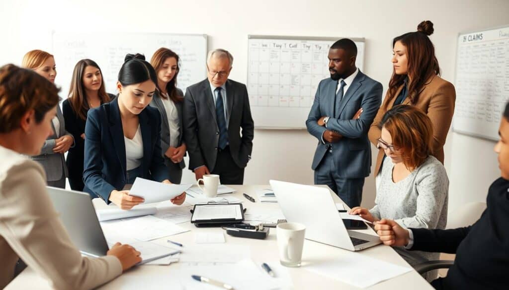 A professional office setting featuring a diverse team of businesspeople engaged in a discussion about a claims procedure. In the foreground, a woman in a navy blazer is thoughtfully analyzing paperwork, while a man in a gray suit looks on attentively. In the middle, a conference table is cluttered with documents, a laptop, and a coffee cup, emphasizing an active work environment. The background shows a whiteboard filled with notes and a calendar marked with important dates, enhancing the focus on claims processing. The lighting is bright and neutral, creating a clear and focused mood. Capture the scene from a slightly elevated angle, showcasing the collaboration and determination involved in navigating the claims process. The atmosphere should feel professional, proactive, and focused on resolution.