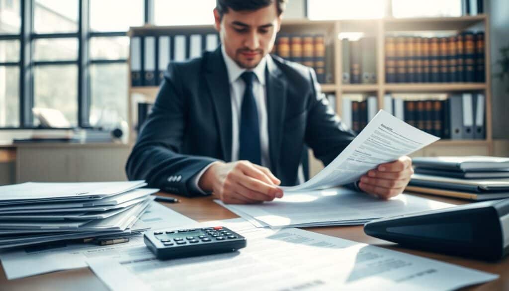 A professional office setting featuring a person in a smart business suit sitting at a desk, reviewing documents related to a compensation claim process. In the foreground, close-up shots of legal papers, evidence photographs, and a calculator demonstrate the importance of thorough documentation. The middle ground includes shelves filled with folders and law books, emphasizing the legal context. The background showcases large windows with natural light pouring in, creating a bright and focused atmosphere. Soft shadows enhance the mood of diligence and seriousness. The overall tone is professional and optimistic, conveying the importance of evidence in the pursuit of fair compensation after an accident. A professional office setting featuring a person in a smart business suit sitting at a desk, reviewing documents related to a compensation claim process. In the foreground, close-up shots of legal papers, evidence photographs, and a calculator demonstrate the importance of thorough documentation. The middle ground includes shelves filled with folders and law books, emphasizing the legal context. The background showcases large windows with natural light pouring in, creating a bright and focused atmosphere. Soft shadows enhance the mood of diligence and seriousness. The overall tone is professional and optimistic, conveying the importance of evidence in the pursuit of fair compensation after an accident.