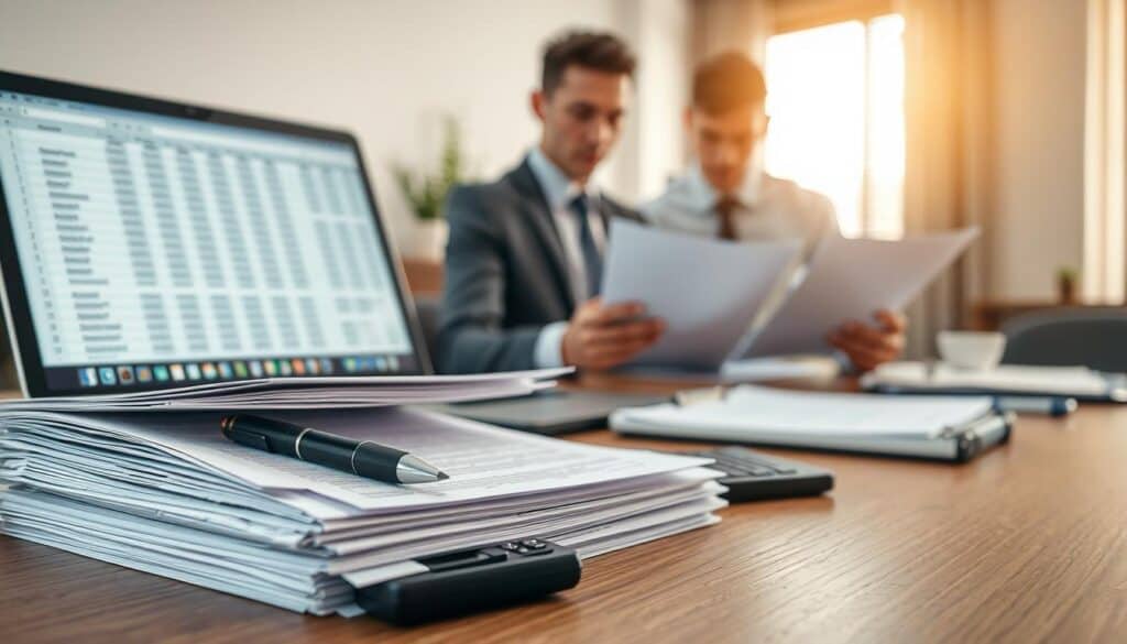 A professional office setting illustrating the critical documentation needed for insurance claim processing. In the foreground, a neatly organized stack of paperwork, including forms and contracts, accompanied by a black ballpoint pen and a calculator. The middle section features an open laptop displaying a spreadsheet with financial data, conveying urgency. In the background, a blurred image of a dedicated professional in business attire, reviewing documents intently, creating an atmosphere of diligence and focus. Soft, natural lighting streaming through a window enhances the professional ambiance, while the shallow depth of field draws attention to the essential paperwork. The overall mood is serious and informative, reflecting the importance of thorough documentation in claim settlements.