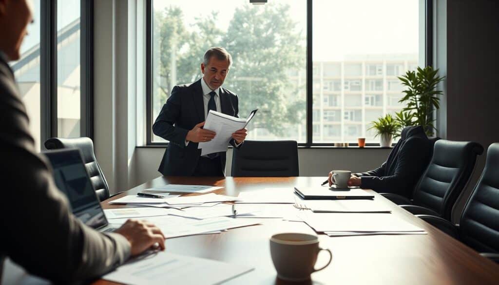 A professional office setting showcasing a negotiation scene about insurance compensation. In the foreground, two individuals in business attire, one gesturing emphatically while holding a folder filled with documents, demonstrating a strong stance in the negotiation. The middle layer includes a large conference table with scattered paperwork, a laptop open displaying graphs, and a coffee cup. The background features a large window with natural daylight streaming in, casting soft shadows across the room, enhancing a focused atmosphere. The mood is tense yet professional, conveying the seriousness of discussing underpayment in insurance claims, emphasizing determination and resolution. Use a wide-angle lens perspective for added depth and clarity.