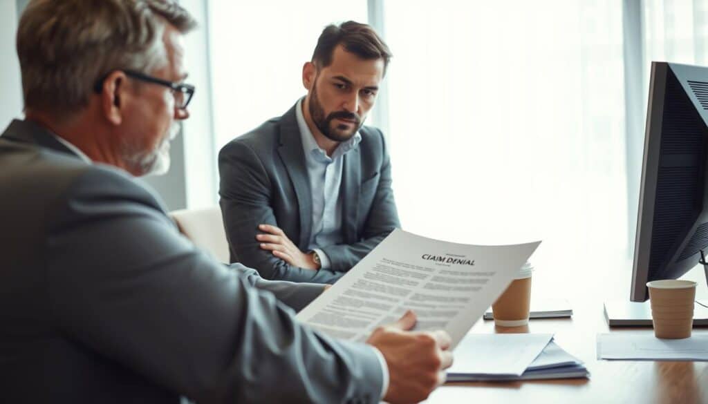 A professional office setting where an insurance adjuster is discussing a claim denial with a policyholder. In the foreground, the adjuster, a middle-aged individual in business attire, is pointing to a document on the table, highlighting the reasons for the claim denial. The policyholder, a concerned individual in modest casual clothing, is listening intently, with a visibly tense expression. In the middle ground, essential elements like a computer, paperwork, and a coffee cup can be seen, emphasizing the bureaucratic atmosphere. The background features a large window with soft natural light streaming in, casting a calm yet serious mood. The image reflects professionalism, highlighting the complexities and challenges of insurance claims.