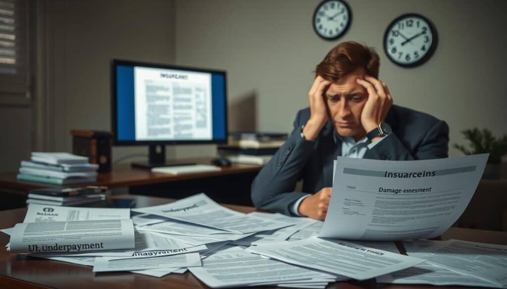 A professional setting depicting a frustrated individual sitting at a desk, reviewing paperwork related to an insurance claim. In the foreground, there are scattered documents labeled with phrases like "underpayment" and "damage assessment." In the middle ground, a computer screen displays an insurance policy document. The background features a dimly lit office environment with a clock showing late hours, enhancing the atmosphere of urgency and stress. Soft, natural lighting from a nearby window casts gentle shadows, adding to the somber mood. The scene conveys the emotional impact of receiving insufficient compensation, illustrating the struggles faced in the claims process. Focus on clarity and organization without any text overlays or distractions. A professional setting depicting a frustrated individual sitting at a desk, reviewing paperwork related to an insurance claim. In the foreground, there are scattered documents labeled with phrases like "underpayment" and "damage assessment." In the middle ground, a computer screen displays an insurance policy document. The background features a dimly lit office environment with a clock showing late hours, enhancing the atmosphere of urgency and stress. Soft, natural lighting from a nearby window casts gentle shadows, adding to the somber mood. The scene conveys the emotional impact of receiving insufficient compensation, illustrating the struggles faced in the claims process. Focus on clarity and organization without any text overlays or distractions.