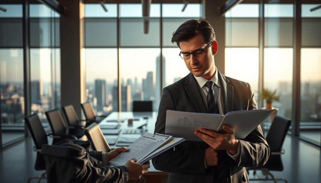 A professional setting depicting the liquidation procedures of an insurance company. In the foreground, a focused business professional in business attire, reviewing financial documents with a serious expression. In the middle, a modern office environment showcasing a conference table with charts and graphs related to insurance claims, surrounded by files and a laptop. In the background, a large window revealing a city skyline, with soft daylight filtering through, creating a bright and optimistic atmosphere. The scene emphasizes the importance of proper risk management and compliance, capturing a sense of urgency and professionalism, while avoiding distractions. The composition should feel balanced and organized, reflecting the serious nature of the topic without any text or overlays.