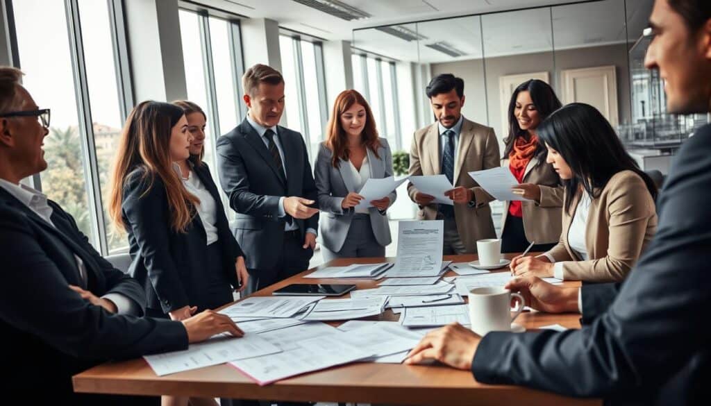 A professional setting depicting the process of filing a compensation claim. Foreground: a diverse group of people in business attire, engaged in a discussion over documents, one person pointing at a form and another with a laptop open. Middle: a large table cluttered with paperwork, compensation forms, and a coffee cup. Background: a sleek office with large windows, allowing natural light to filter in, creating a warm and inviting atmosphere. The overall mood is one of collaboration and determination, emphasizing the educational aspect of the claims process. Lighting is bright and even, capturing the professionalism of the scene. Shot from a slightly elevated angle to encompass both the individuals and their workspace.