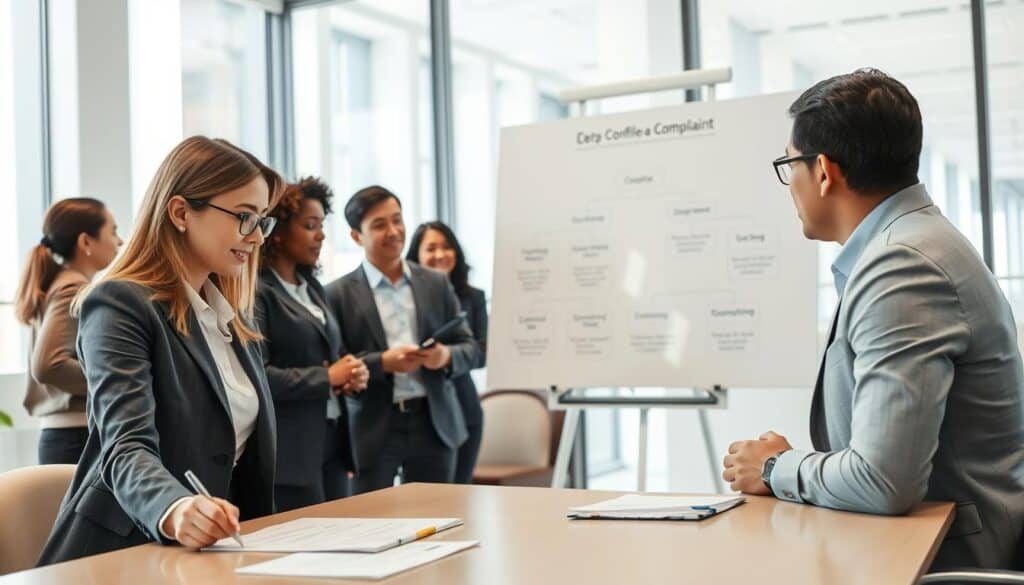A professional setting featuring a diverse group of individuals in business attire engaged in a discussion about the complaint filing procedure. In the foreground, a woman points to a document on the table, emphasizing key points of the process, while another person takes notes. In the middle ground, a large, neat whiteboard displays a visual flowchart outlining the steps involved in filing a complaint, with clear headings and arrows. The background reveals an office environment with large windows allowing natural light to illuminate the space, creating a sense of transparency and clarity. The mood is collaborative and focused, highlighting the importance of clear communication in the complaint process. Capture the scene from a slightly elevated angle, showcasing both the participants and the details on the whiteboard. A professional setting featuring a diverse group of individuals in business attire engaged in a discussion about the complaint filing procedure. In the foreground, a woman points to a document on the table, emphasizing key points of the process, while another person takes notes. In the middle ground, a large, neat whiteboard displays a visual flowchart outlining the steps involved in filing a complaint, with clear headings and arrows. The background reveals an office environment with large windows allowing natural light to illuminate the space, creating a sense of transparency and clarity. The mood is collaborative and focused, highlighting the importance of clear communication in the complaint process. Capture the scene from a slightly elevated angle, showcasing both the participants and the details on the whiteboard.