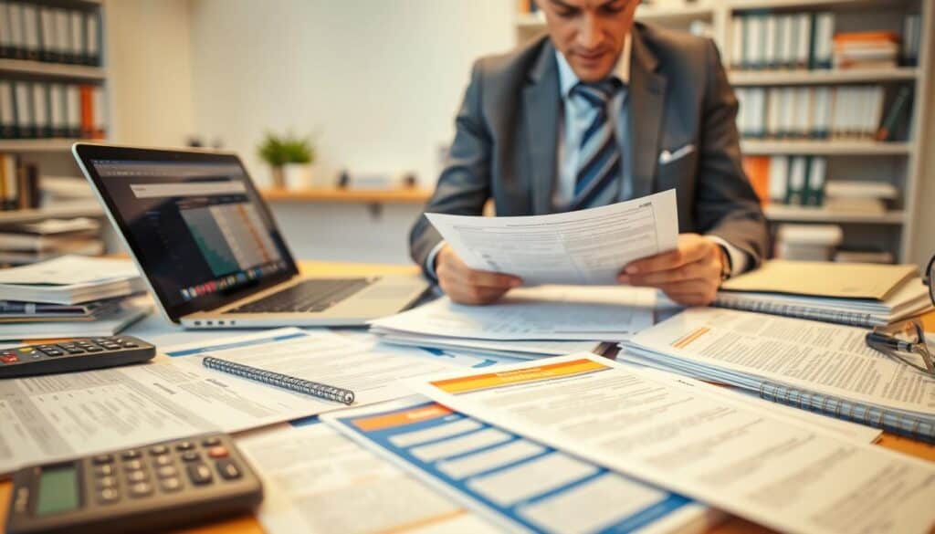 A professional setting illustrating tools and resources related to car insurance negotiations, focusing on a desk cluttered with documents, a laptop displaying a claims comparison chart, and a calculator. In the foreground, a person dressed in business attire, appearing engaged and thoughtful, analyzes a policy document. In the middle ground, various insurance brochures lay scattered, showcasing options and advice for dealing with insurance companies. The background features a soft-focus office environment with shelves of books on insurance laws. The lighting is warm and inviting, creating a focused atmosphere, with a slight depth of field effect to emphasize the subject's concentration and the importance of informed decision-making.