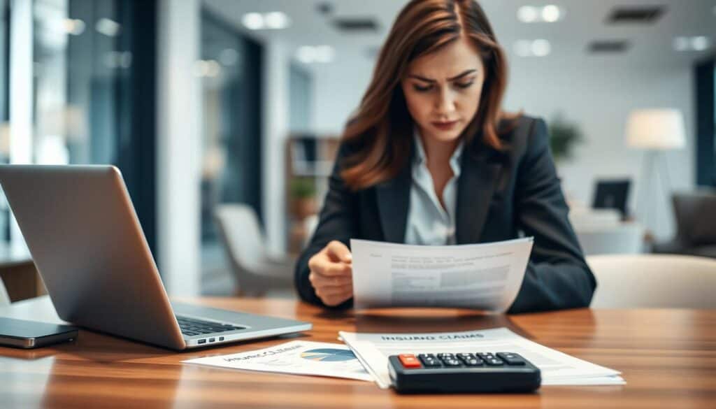 A professional setting showcasing the theme of "compensation versus insurance." In the foreground, depict a well-dressed businesswoman examining documents and a laptop, with a concerned expression reflecting the challenges of low compensation. In the middle, place a table with insurance claims reports and a calculator, symbolizing the analysis process. The background features a blurred office environment, softly lit, creating a serious yet focused ambiance. Use a shallow depth of field to emphasize the foreground details. The overall atmosphere should convey the tension between the expectations of fair compensation and the reality of insurance assessments, capturing the essence of common reasons for lowered payouts.