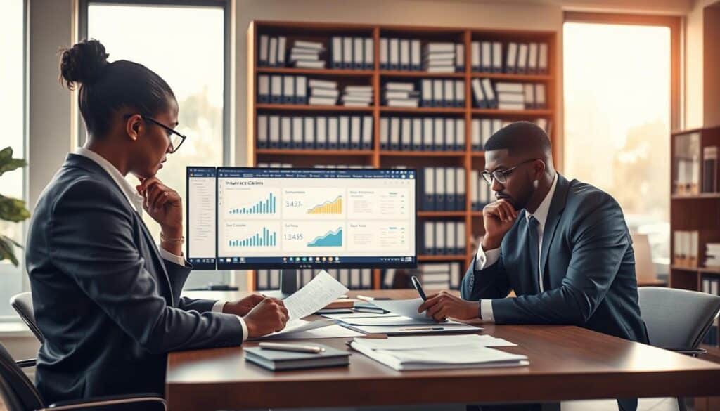 A thoughtful depiction of an office environment where insurance professionals analyze claims. In the foreground, a diverse group of three professionals in business attire thoughtfully examining documents at a conference table. The middle ground features a computer screen displaying numerical data and graphs related to insurance claims. In the background, shelves filled with policy folders and financial books suggest a bustling workspace. The lighting is warm and inviting, like a late afternoon sun filtering through tall windows, creating a serious but not oppressive mood. The image should evoke a sense of diligence and scrutiny, highlighting the complex nature of insurance compensation analysis, without any distractions. A thoughtful depiction of an office environment where insurance professionals analyze claims. In the foreground, a diverse group of three professionals in business attire thoughtfully examining documents at a conference table. The middle ground features a computer screen displaying numerical data and graphs related to insurance claims. In the background, shelves filled with policy folders and financial books suggest a bustling workspace. The lighting is warm and inviting, like a late afternoon sun filtering through tall windows, creating a serious but not oppressive mood. The image should evoke a sense of diligence and scrutiny, highlighting the complex nature of insurance compensation analysis, without any distractions.