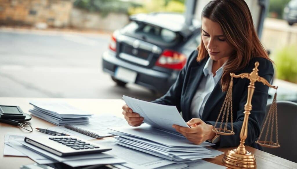 A visually engaging composition illustrating the factors influencing the amount of compensation in an accident scenario. In the foreground, a professional looking woman in business attire, studying a pile of paperwork, symbolizing the complexity of claims. In the middle ground, a table filled with various elements such as a calculator, insurance documents, and a scale to represent justice and balance. In the background, a blurred image of a car accident scene, subtly depicted to avoid distraction. Natural lighting creates a serious yet hopeful atmosphere, highlighting the importance of accurate compensation. The scene should capture the tension and intricacies of the compensation process, emphasizing the emotional weight of under-compensation and the quest for fair outcomes.
