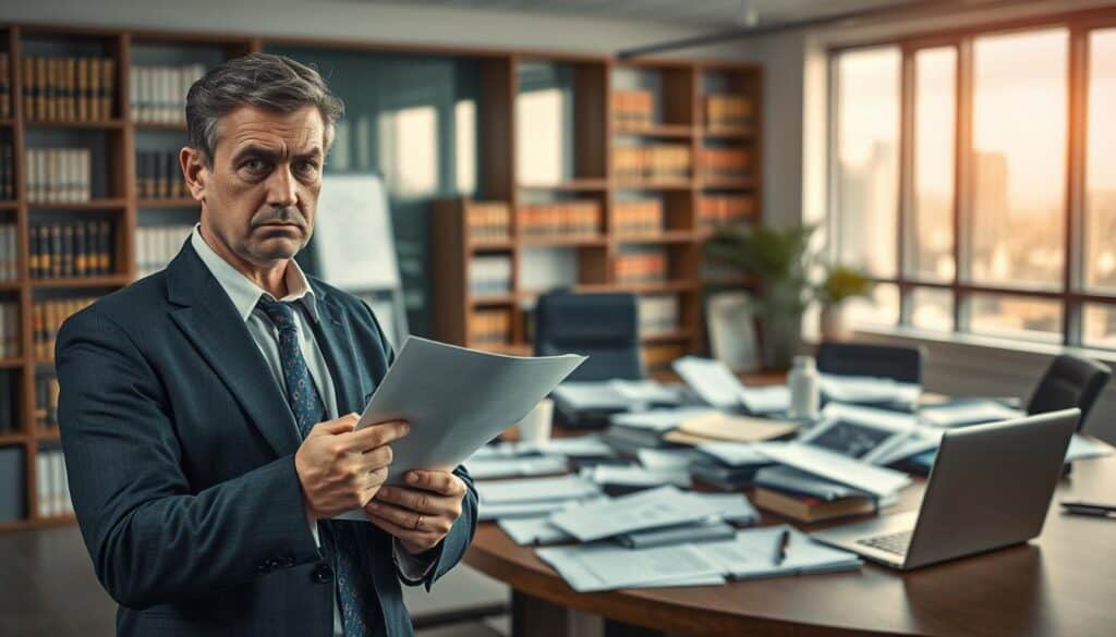 A visually striking image illustrating the theme of "reasons for compensation denial" in a professional setting. The foreground features a concerned individual in formal business attire, holding a document with a frown, reflecting frustration and contemplation. In the middle, a large table cluttered with paperwork, insurance claims, and a laptop, symbolizing the complexities of compensation processes. The background showcases a blurred office environment with shelves filled with legal books and a window showing a cityscape, casting soft, natural light into the room. The mood is serious, emphasizing tension and contemplation as the individual grapples with the denial of compensation. The overall color palette is muted, with shades of blue and gray to convey professionalism and gravity. A visually striking image illustrating the theme of "reasons for compensation denial" in a professional setting. The foreground features a concerned individual in formal business attire, holding a document with a frown, reflecting frustration and contemplation. In the middle, a large table cluttered with paperwork, insurance claims, and a laptop, symbolizing the complexities of compensation processes. The background showcases a blurred office environment with shelves filled with legal books and a window showing a cityscape, casting soft, natural light into the room. The mood is serious, emphasizing tension and contemplation as the individual grapples with the denial of compensation. The overall color palette is muted, with shades of blue and gray to convey professionalism and gravity.