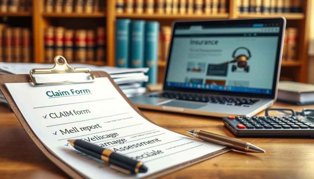 A well-organized desk scene depicting essential documents for an insurance claim. In the foreground, a clipboard with neatly arranged papers labeled "Claim Form," "Medical Report," and "Vehicle Damage Assessment." A fountain pen lies beside it. In the middle ground, a laptop shows an open insurance website. A stack of folders marked "Important" and a calculator are also present. The background features a soft-focus bookshelf filled with law books. The lighting is warm and inviting, suggesting a productive environment. The atmosphere is focused and determined, implying preparation and strategy in the pursuit of compensation. No text or branding, only the materials related to the insurance process.
