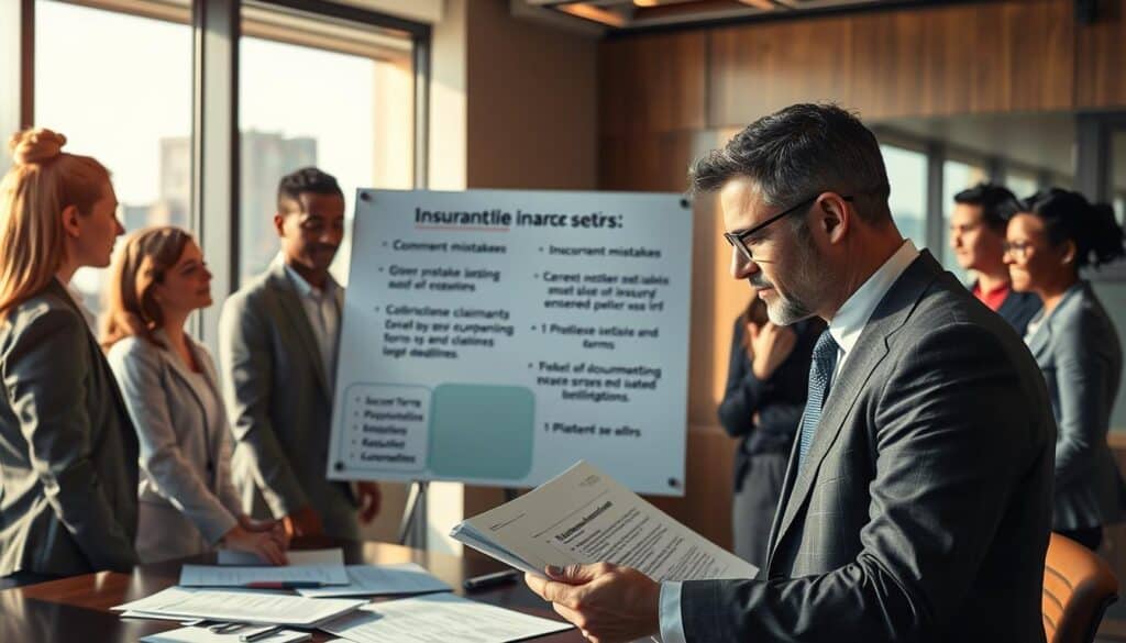An office environment with a diverse group of people discussing insurance claims. In the foreground, a professional in a suit reviewing paperwork that highlights common mistakes made by claimants, such as incorrect forms and misunderstandings. In the middle, a large dialogue board displaying key points about frequent errors, such as lack of documentation and missed deadlines. In the background, a window showcasing a city skyline, with warm, natural lighting illuminating the scene, casting soft shadows on the walls. The mood is serious yet collaborative, reflecting a professional atmosphere where individuals are aiming to understand complex insurance processes better. The image should contain no textual elements or distractions, focusing on the interaction and the importance of awareness regarding common pitfalls in claims.