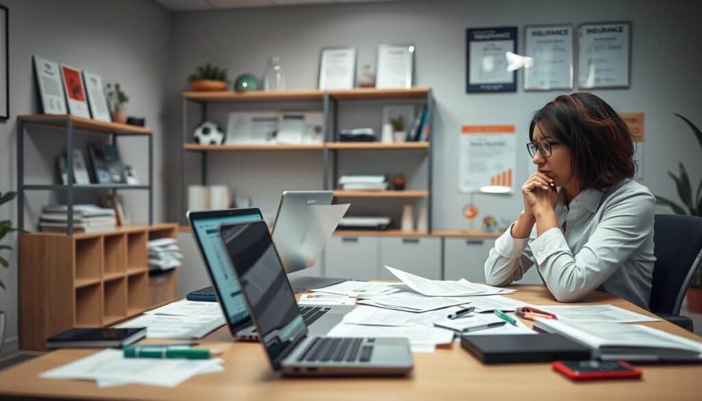 An organized office environment focused on insurance procedures. In the foreground, a professional-looking insurance agent in formal business attire is reviewing documents and talking to a client, who looks concerned and confused. The middle ground features a table cluttered with insurance policy papers, a laptop displaying a digital policy comparison, and a calculator. The background shows a serene office space with soft lighting, showcasing shelves filled with insurance pamphlets, certificates, and motivational posters related to understanding insurance. The atmosphere is one of seriousness and inquiry, highlighting the theme of miscommunication in insurance understanding. Use a slight depth of field to keep the focus on the agent and the client, while maintaining clarity in the background elements.