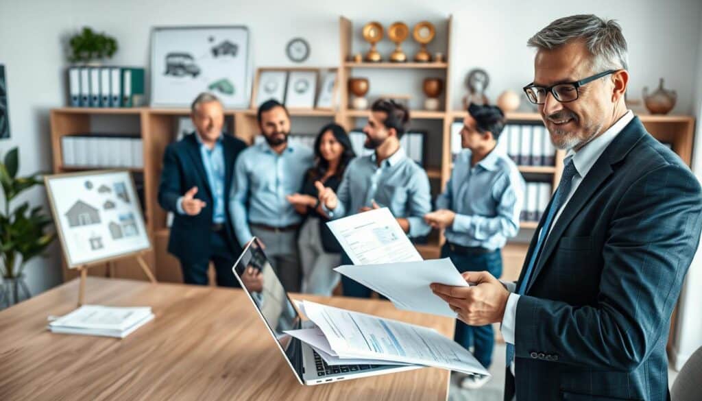 In a professional insurance setting, depict an office scene focused on damage liquidation processes. In the foreground, a confident insurance adjuster, dressed in smart business attire, examines claim documents with a laptop open, showing analytical software. In the middle ground, a diverse group of clients, engaged in an earnest discussion, gestures towards illustrations of claims on the wall. In the background, shelves filled with case files and awards demonstrate professionalism. The lighting is bright and welcoming, emphasizing a sense of trust and support. Use a slightly elevated angle to capture the collaborative atmosphere, evoking a feeling of advocacy and determination in the quest for fair compensation.