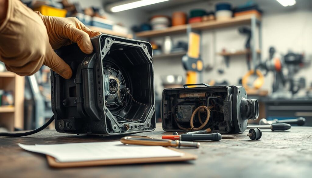 A close-up view of a damaged mechanical component being disassembled in a well-lit workshop. The foreground features gloved hands carefully removing screws from a metal casing, revealing corroded wires and broken parts inside. In the middle section, the open casing displays additional hidden damage, with scattered tools and a clipboard with inspection notes. The background includes shelves filled with various tools and spare parts, softly blurred to emphasize the focus on the damaged component. The lighting is bright and even, creating a professional atmosphere, while soft shadows hint at the seriousness of the situation. The mood is tense yet focused, highlighting the importance of thorough investigation during repairs.