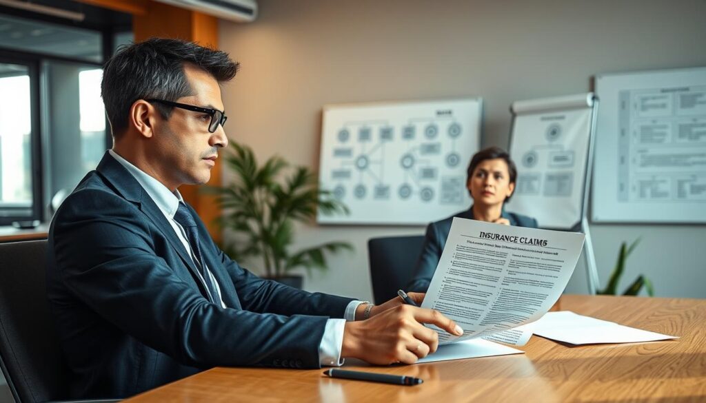 A compelling scene depicting a professional meeting in a corporate office setting, focusing on a confident business professional in formal attire discussing an insurance claim with a concerned client. In the foreground, the business professional sits at a sleek wooden desk, reviewing documents and pointing to a detailed insurance policy highlighted in front of them. The client, looking engaged and thoughtful, sits across the desk, dressed in smart casual clothing, holding a pen and a notepad. In the middle ground, a large window lets in soft natural light, providing a warm atmosphere, while an indoor plant adds a touch of greenery. In the background, a whiteboard with flowcharts and diagrams related to insurance policies can be seen. The overall mood is serious yet hopeful, signifying the importance of resolving claims efficiently. A compelling scene depicting a professional meeting in a corporate office setting, focusing on a confident business professional in formal attire discussing an insurance claim with a concerned client. In the foreground, the business professional sits at a sleek wooden desk, reviewing documents and pointing to a detailed insurance policy highlighted in front of them. The client, looking engaged and thoughtful, sits across the desk, dressed in smart casual clothing, holding a pen and a notepad. In the middle ground, a large window lets in soft natural light, providing a warm atmosphere, while an indoor plant adds a touch of greenery. In the background, a whiteboard with flowcharts and diagrams related to insurance policies can be seen. The overall mood is serious yet hopeful, signifying the importance of resolving claims efficiently.