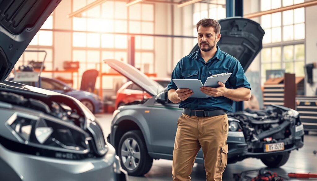 A detailed illustration capturing the essence of vehicle repair and the process of determining total loss compensation. In the foreground, a professional mechanic, dressed in a blue work shirt and khaki pants, examines a damaged car with a clipboard in hand, showing focused determination. In the middle ground, a mechanic’s workshop is busy with tools, spare parts, and other vehicles awaiting repair. The background presents a clear view of a sunlit auto repair facility, with large windows allowing natural light to pour in. The atmosphere is professional and industrious, highlighting the importance of accurate damage assessment. Soft, even lighting creates a clean and organized feeling in the workshop, emphasizing the meticulous nature of vehicle evaluations. The image should evoke a sense of responsibility and professionalism in auto repair.
