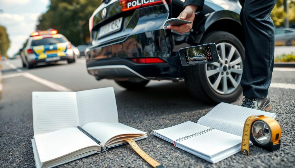 A detailed scene capturing the process of documenting damages after a car accident in Germany. In the foreground, a person dressed in professional business attire examines a slightly damaged vehicle, using a smartphone to take photos of the impact on the car's bumper and rear. In the middle ground, an open notebook and a measuring tape rest on the pavement, highlighting the detailed recording of damages. In the background, a police car is parked with flashing lights, and other vehicles safely moved to the side of the road, symbolizing order and safety. The lighting is natural, representing a clear day, creating a serious yet calm atmosphere focused on diligence and responsibility in post-accident documentation. The angle is slightly tilted from above, capturing both the person and the scene's context effectively.