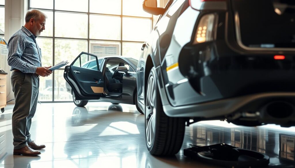 A detailed scene depicting a professional automotive appraiser at work, analyzing a vehicle in a well-lit office environment. In the foreground, the appraiser, a middle-aged man in a neat button-up shirt and professional slacks, is examining the car's body and internal components with a clipboard in hand. The middle scene features the car—an elegant sedan—positioned on a clean, polished floor, showcasing its sleek design and details. In the background, a large window lets in natural light, illuminating car diagnostic tools and charts related to vehicle evaluation. The atmosphere is focused and professional, with a sense of diligence and attention to detail, conveying the importance of accurate assessments. The image emphasizes the analytical nature of vehicle appraisal, reflecting the complexity and varied factors that influence costs.