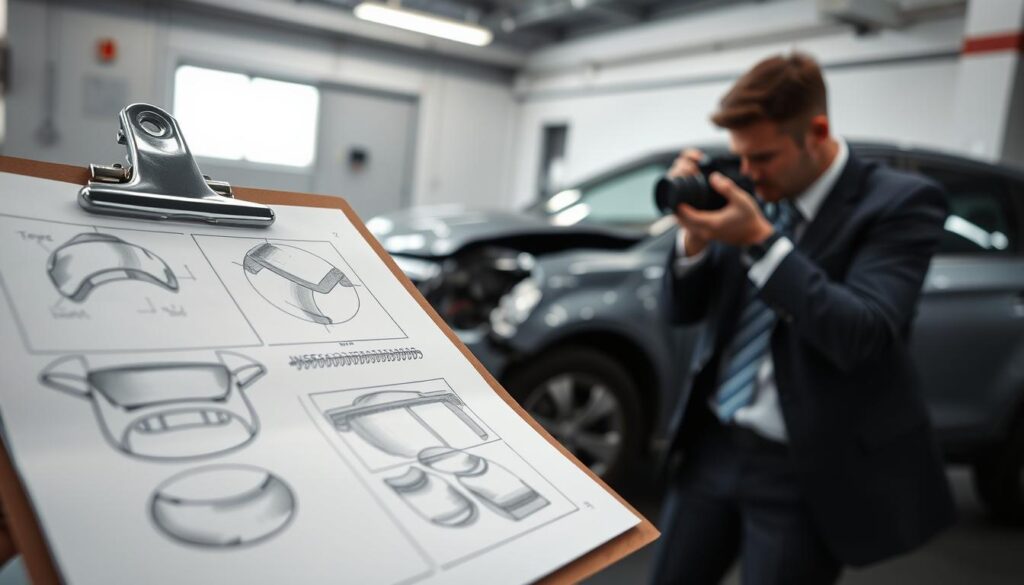 A detailed vehicle damage documentation scene in a professional setting. Foreground features a close-up of a clipboard with inspection notes and sketches of vehicle damages, showcasing areas with visible dents and scratches. In the middle, an insurance adjuster, dressed in business attire, carefully photographs the vehicle using a DSLR camera, capturing the damage from multiple angles. The background shows a slightly blurred damaged car parked in a well-lit garage, with soft lighting highlighting the dents and scratches for clarity. The atmosphere is one of professionalism and thoroughness, conveying a sense of diligence in documenting automotive damage for assessment and repair costs.