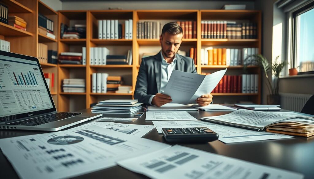 A detailed workspace depicting "MOTOEXPERT - kompletna dokumentacja szkody" in a professional and organized manner. In the foreground, a sleek, modern desk features scattered paperwork with clearly visible diagrams and cost estimates related to damage assessments. A laptop displays a detailed report on one side, while a calculator rests nearby. In the middle ground, a knowledgeable insurance consultant, dressed in professional attire, reviews documents intently, exuding an air of focus and expertise. The background contains shelves filled with reference books about insurance, law, and damage evaluation, softly illuminated by natural light from a nearby window, creating a calm and professional atmosphere. The image is captured from a slight angle to emphasize depth and highlights, ensuring a clear focus on the essential elements of thorough documentation.