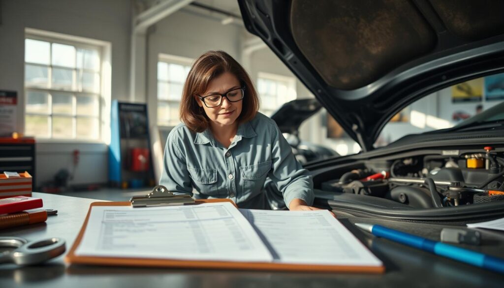 A mechanic in a well-lit workshop, deeply focused on assessing a vehicle for repairs. In the foreground, a clipboard with detailed cost estimates and repair notes resting on a workbench, along with tools like wrenches and screwdrivers. The middle layer features the mechanic, a middle-aged woman wearing a professional shirt and safety goggles, inspecting the hood of a car, showing a look of concentration on her face. The background depicts a clean and organized garage with tool racks and posters about vehicle maintenance. Natural sunlight filters in through large windows, creating a bright and welcoming atmosphere, while soft shadows add depth to the scene. The overall mood is professional and diligent, emphasizing the theme of accurate cost estimation for vehicle repairs.