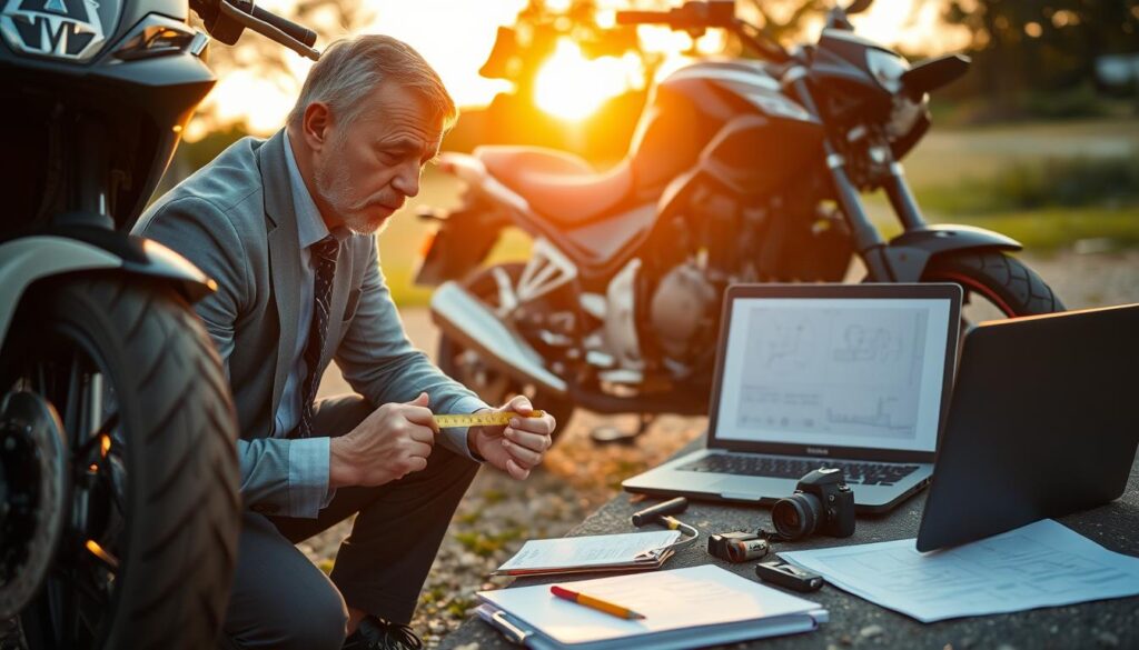 A professional appraiser examining a damaged motorcycle in an outdoor setting. In the foreground, the appraiser, a middle-aged man in business attire, is kneeling next to the motorcycle, using a measuring tape to assess the extent of the damage. He has a thoughtful expression, focused on his work. In the middle background, there are tools and equipment laid out neatly, including a notebook, a camera, and a laptop open with diagrams. The sun sets behind him, casting a warm, golden light over the scene, highlighting the details of the motorcycle's damage. The atmosphere conveys professionalism and diligence, emphasizing the technical nature of damage assessment in the context of insurance claims. A professional appraiser examining a damaged motorcycle in an outdoor setting. In the foreground, the appraiser, a middle-aged man in business attire, is kneeling next to the motorcycle, using a measuring tape to assess the extent of the damage. He has a thoughtful expression, focused on his work. In the middle background, there are tools and equipment laid out neatly, including a notebook, a camera, and a laptop open with diagrams. The sun sets behind him, casting a warm, golden light over the scene, highlighting the details of the motorcycle's damage. The atmosphere conveys professionalism and diligence, emphasizing the technical nature of damage assessment in the context of insurance claims.