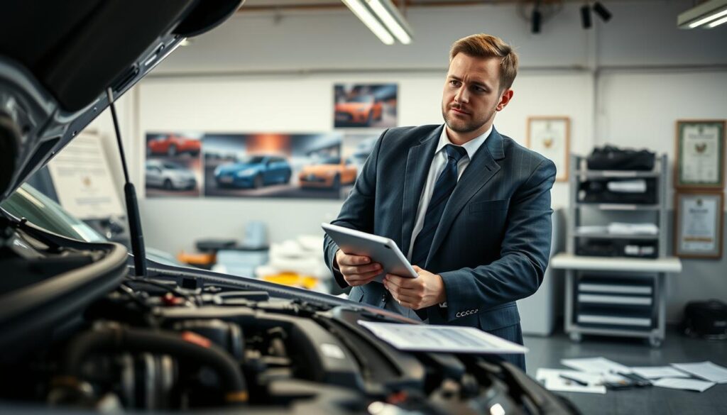 A professional automotive expert, known as a "Rzeczoznawca techniki samochodowej," stands thoughtfully in a well-lit garage environment. He is dressed in a smart business attire, complete with a tailored suit and a crisp shirt, exuding confidence and expertise. In the foreground, he examines a vehicle with a focus on its engine, using specialized tools and a tablet to analyze data. The middle ground features various car parts and documents spread out on a workbench, illustrating his meticulous approach. The background reveals automotive posters and certificates on the walls, emphasizing his qualifications and experience. The lighting is bright and neutral, creating a serious and professional atmosphere, while the angle is slightly low, enhancing the subject's authoritative presence. A professional automotive expert, known as a "Rzeczoznawca techniki samochodowej," stands thoughtfully in a well-lit garage environment. He is dressed in a smart business attire, complete with a tailored suit and a crisp shirt, exuding confidence and expertise. In the foreground, he examines a vehicle with a focus on its engine, using specialized tools and a tablet to analyze data. The middle ground features various car parts and documents spread out on a workbench, illustrating his meticulous approach. The background reveals automotive posters and certificates on the walls, emphasizing his qualifications and experience. The lighting is bright and neutral, creating a serious and professional atmosphere, while the angle is slightly low, enhancing the subject's authoritative presence.
