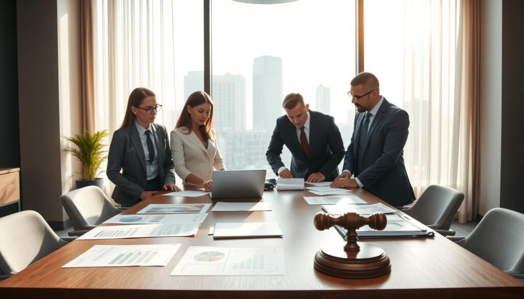 A professional business meeting scene set in an elegant office filled with natural light. In the foreground, a diverse group of three business professionals in formal attire are engaged in a discussion over documents and charts related to damage compensation law. The middle layer shows a large wooden conference table, with papers and a laptop, illuminated by a large window showcasing a cityscape in the background. The atmosphere is serious yet collaborative, reflecting a mood of focus and determination. Soft shadows enhance the textures of the room, while the overall composition is neatly organized, guiding the viewer's eye to the central figures and their work, symbolizing the complexities of § 249 BGB in a visually engaging way. A professional business meeting scene set in an elegant office filled with natural light. In the foreground, a diverse group of three business professionals in formal attire are engaged in a discussion over documents and charts related to damage compensation law. The middle layer shows a large wooden conference table, with papers and a laptop, illuminated by a large window showcasing a cityscape in the background. The atmosphere is serious yet collaborative, reflecting a mood of focus and determination. Soft shadows enhance the textures of the room, while the overall composition is neatly organized, guiding the viewer's eye to the central figures and their work, symbolizing the complexities of § 249 BGB in a visually engaging way.