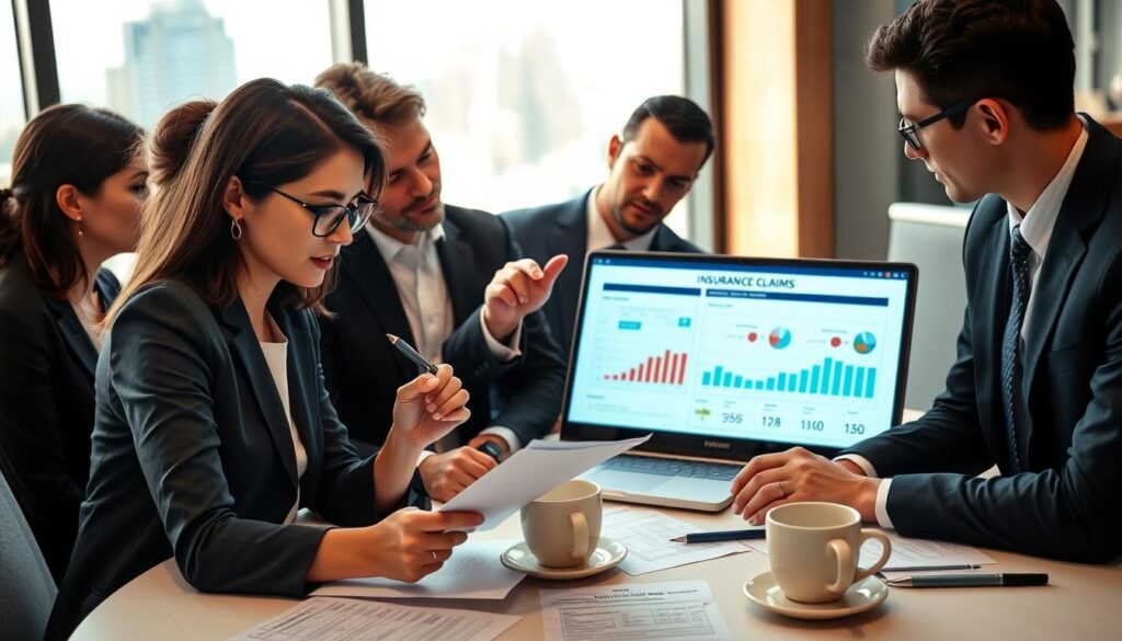 A professional business meeting scene, showcasing a diverse group of individuals in formal attire discussing an insurance claim. The foreground features a focused woman, thoughtfully reviewing documents with a pen in hand, while a man beside her gestures towards a laptop screen displaying charts and statistics. In the middle, a round table filled with paperwork and coffee cups symbolizes collaboration and problem-solving. The background includes a large window with natural light streaming in, revealing a cityscape, indicating a corporate environment. The overall mood is serious yet collaborative, emphasizing professionalism and attention to detail in the insurance process. The lighting is warm and inviting, creating a productive atmosphere. A professional business meeting scene, showcasing a diverse group of individuals in formal attire discussing an insurance claim. The foreground features a focused woman, thoughtfully reviewing documents with a pen in hand, while a man beside her gestures towards a laptop screen displaying charts and statistics. In the middle, a round table filled with paperwork and coffee cups symbolizes collaboration and problem-solving. The background includes a large window with natural light streaming in, revealing a cityscape, indicating a corporate environment. The overall mood is serious yet collaborative, emphasizing professionalism and attention to detail in the insurance process. The lighting is warm and inviting, creating a productive atmosphere.