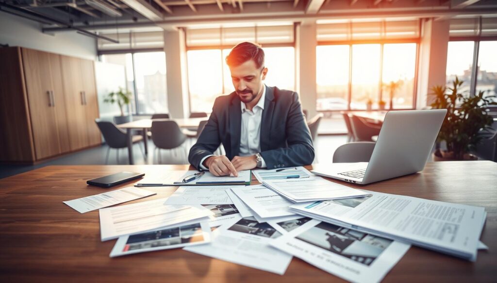 A professional business setting in Germany, depicting a consultant from MOTOEXPERT assisting a client with organizing damage documentation. In the foreground, the consultant, dressed in smart business attire, is reviewing documents on a sleek wooden table, showing empathy and expertise. The middle layer features scattered papers and a laptop, highlighting the detail of insurance forms and photographs of damages. In the background, a modern office with large windows allows warm, natural sunlight to illuminate the space, creating a calm and focused atmosphere. The overall mood is one of collaboration and professionalism, capturing the essence of problem-solving in an efficient and organized manner.