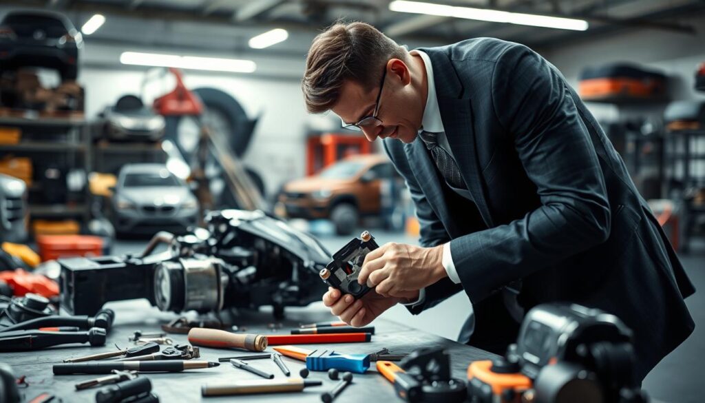 A professional damage assessor examines a partially disassembled vehicle, revealing hidden damages that only emerged after dismantling. In the foreground, the assessor, dressed in a smart business attire, meticulously inspects a damaged component with focused attention. In the middle ground, scattered tools and parts of the vehicle highlight the ongoing assessment process. The background features a well-lit garage filled with various car parts and equipment, enhancing the atmosphere of a technical investigation. Soft, diffused lighting casts gentle shadows, creating a serious yet focused mood, emphasizing the importance of uncovering hidden issues. The scene is captured with a shallow depth of field to draw attention to the assessor and the damaged part, while the garage remains subtly out of focus.