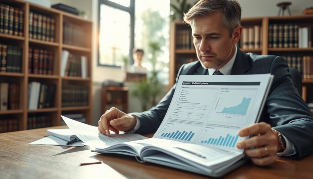 A professional in business attire, sitting at a desk, analyzing documents in a well-lit office environment. The foreground features a close-up of their focused expression as they review a detailed insurance valuation report. In the middle, an open laptop displays graphs and charts related to financial compensation. The background includes bookshelves filled with legal texts and a window showcasing a sunny day outside, symbolizing hope and clarity. Soft, natural lighting illuminates the scene, creating an atmosphere of determination and professionalism. The overall mood is one of navigating complex processes with confidence and perseverance, emphasizing the importance of seeking fair compensation after an undervalued insurance assessment. A professional in business attire, sitting at a desk, analyzing documents in a well-lit office environment. The foreground features a close-up of their focused expression as they review a detailed insurance valuation report. In the middle, an open laptop displays graphs and charts related to financial compensation. The background includes bookshelves filled with legal texts and a window showcasing a sunny day outside, symbolizing hope and clarity. Soft, natural lighting illuminates the scene, creating an atmosphere of determination and professionalism. The overall mood is one of navigating complex processes with confidence and perseverance, emphasizing the importance of seeking fair compensation after an undervalued insurance assessment.