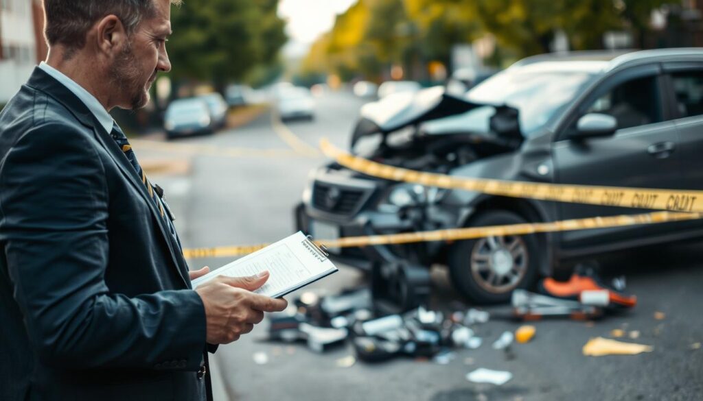 A professional independent assessor inspecting a car accident scene, wearing a smart business suit with a notepad in hand. In the foreground, the assessor is engaged in evaluating the damage on the vehicle, closely examining the bent metal and shattered glass. The middle ground features the damaged car surrounded by police tape and scattered debris, while the background shows a blurred street scene in a suburban setting with trees and parked cars. The lighting is soft, creating a somber yet focused atmosphere, capturing the seriousness of the moment. The composition should be shot from a slightly low angle to emphasize the assessment process, highlighting the importance of independent evaluations after an accident.