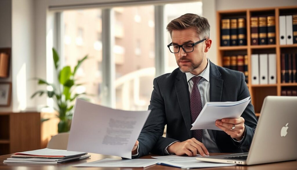 A professional lawyer and an expert adjuster examine documents and discuss a road accident case in a well-lit office setting. In the foreground, the lawyer, dressed in a tailored suit, speaks confidently while gesturing towards a legal document on the table. The adjuster, in business casual attire, is attentively taking notes, surrounded by file folders and a laptop. The middle ground features a large window letting in soft, natural light, enhancing the serious yet hopeful mood. In the background, a bookshelf filled with legal texts and a potted plant adds a touch of professionalism to the serene atmosphere. The focus is sharp on the subjects, with a slight blur on the background, capturing the essence of collaboration and expertise on compensation claims following a traffic accident. A professional lawyer and an expert adjuster examine documents and discuss a road accident case in a well-lit office setting. In the foreground, the lawyer, dressed in a tailored suit, speaks confidently while gesturing towards a legal document on the table. The adjuster, in business casual attire, is attentively taking notes, surrounded by file folders and a laptop. The middle ground features a large window letting in soft, natural light, enhancing the serious yet hopeful mood. In the background, a bookshelf filled with legal texts and a potted plant adds a touch of professionalism to the serene atmosphere. The focus is sharp on the subjects, with a slight blur on the background, capturing the essence of collaboration and expertise on compensation claims following a traffic accident.
